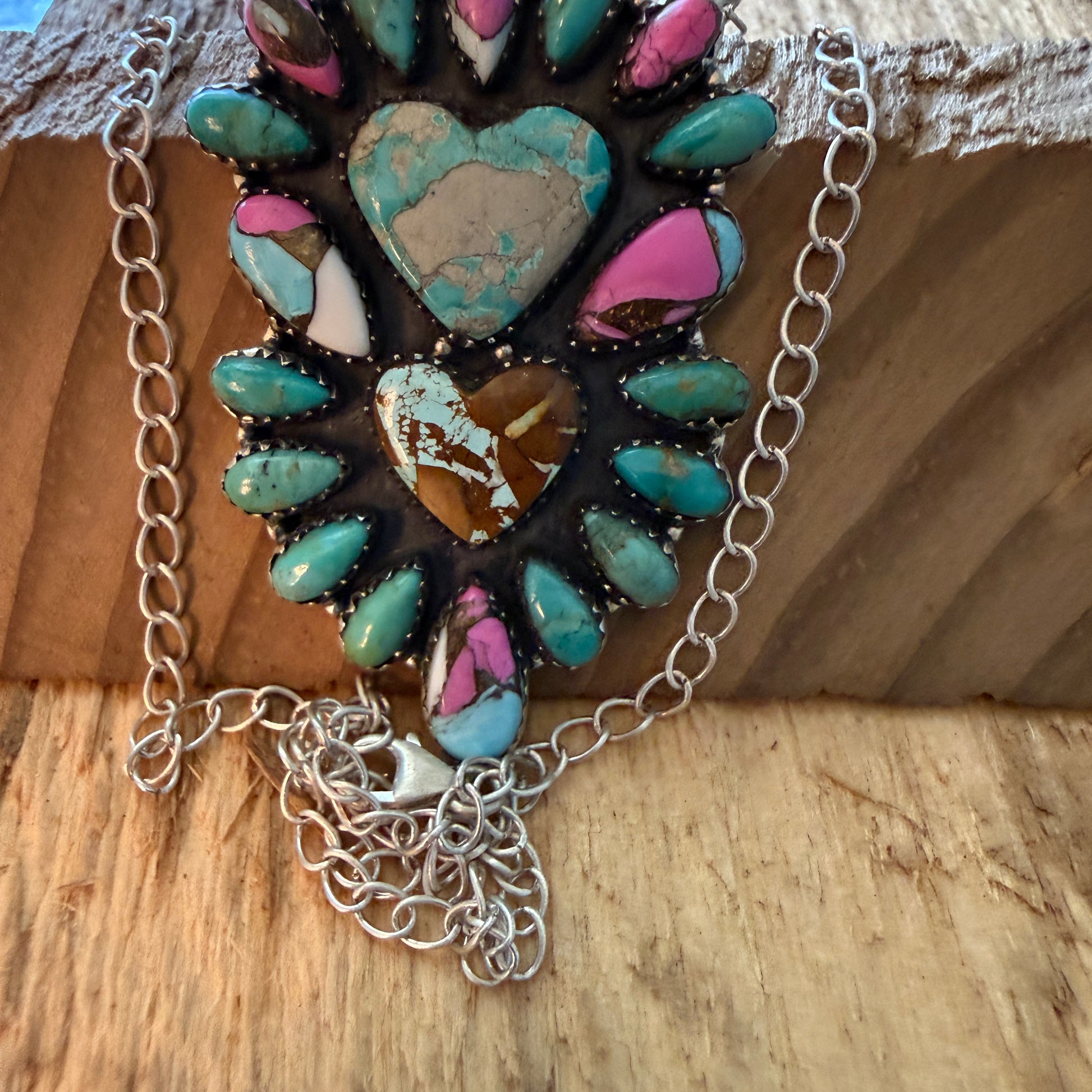 Handcrafted Cotton Candy Dahlia Gemstone Double Heart Necklace 16 Inch Wild West Boho