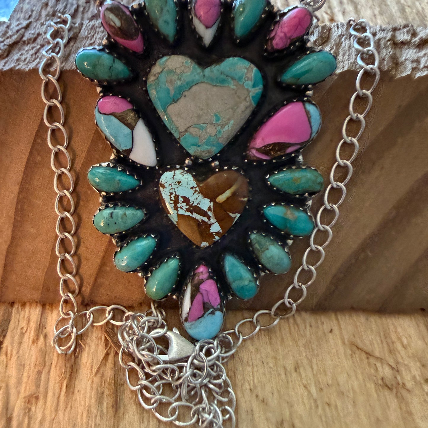 Handcrafted Cotton Candy Dahlia Gemstone Double Heart Necklace 16 Inch Wild West Boho