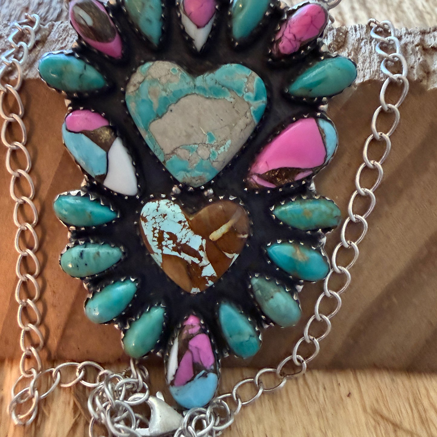 Handcrafted Cotton Candy Dahlia Gemstone Double Heart Necklace 16 Inch Wild West Boho