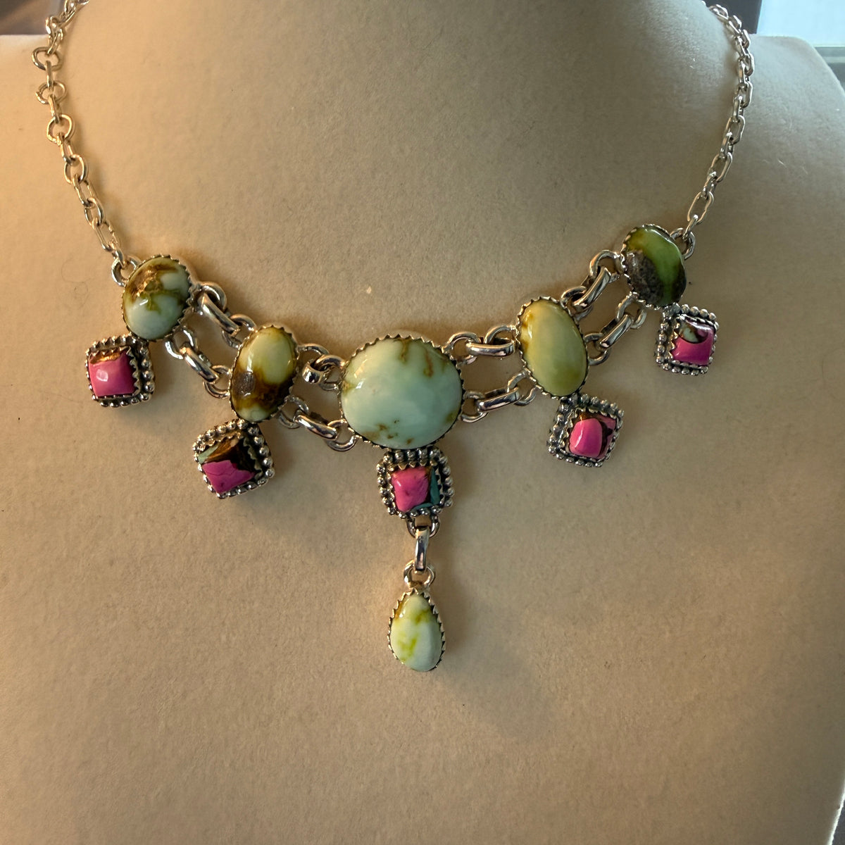 Cotton Candy Dahlia Gemstones Choker Necklace Sterling Silver Wild West Boho