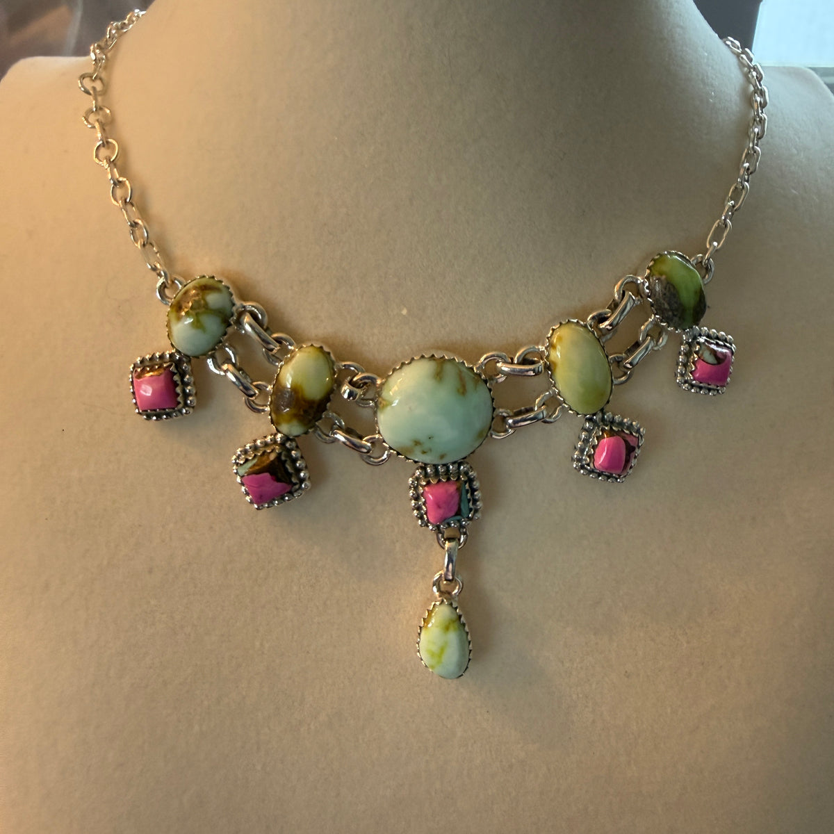 Cotton Candy Dahlia Gemstones Choker Necklace Sterling Silver Wild West Boho
