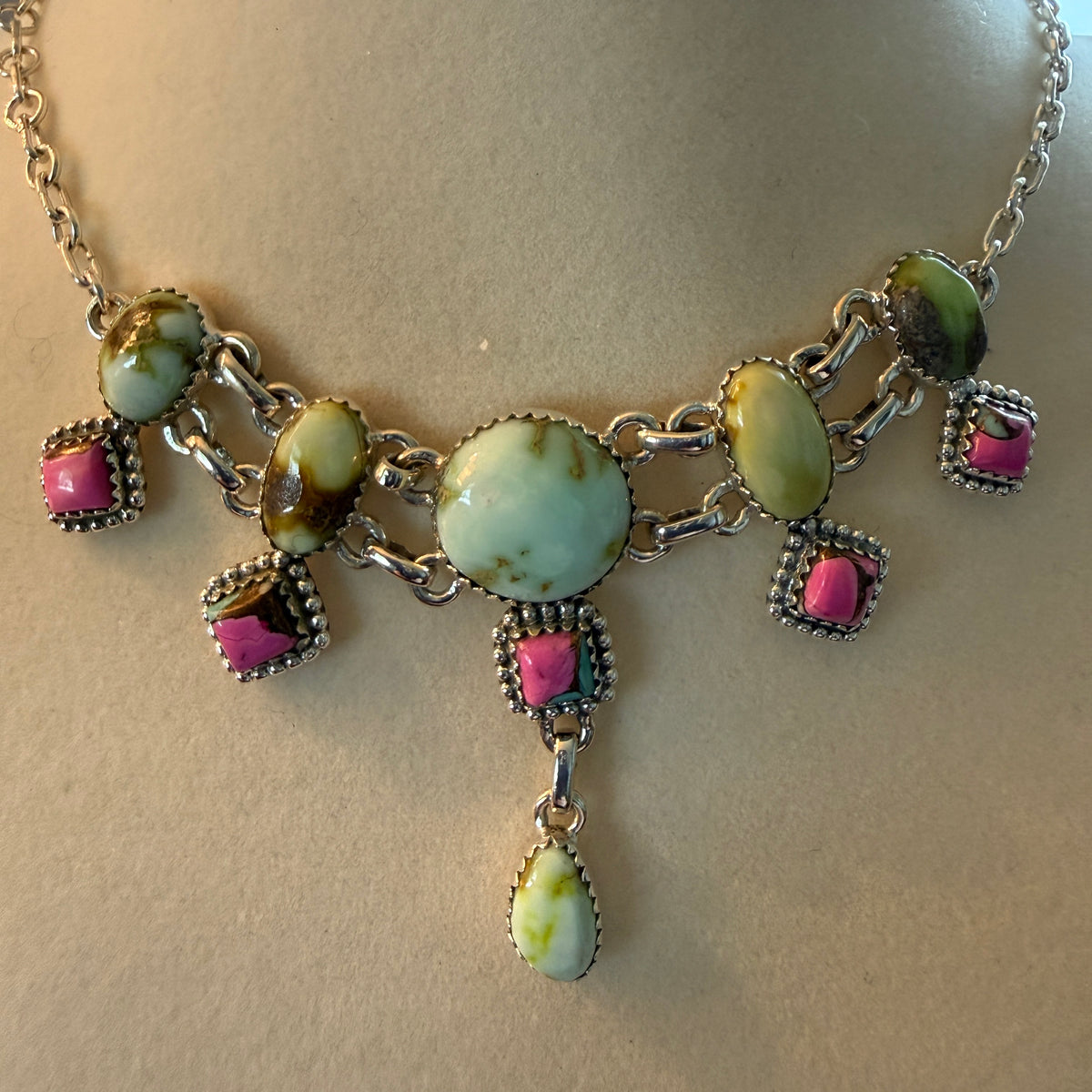 Cotton Candy Dahlia Gemstones Choker Necklace Sterling Silver Wild West Boho