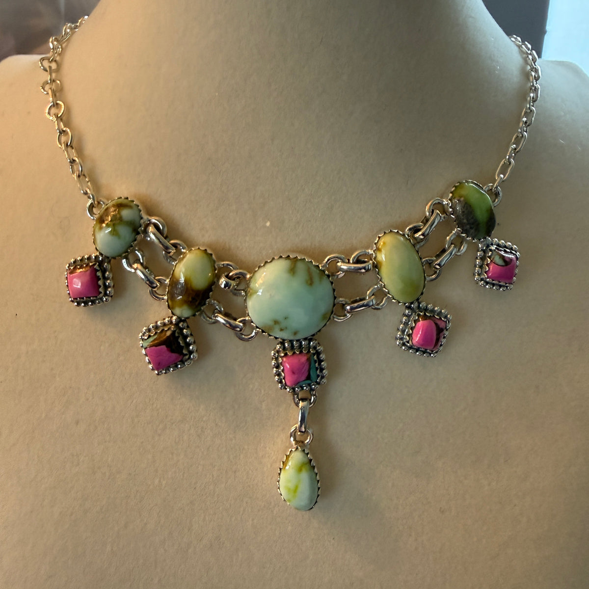 Cotton Candy Dahlia Gemstones Choker Necklace Sterling Silver Wild West Boho