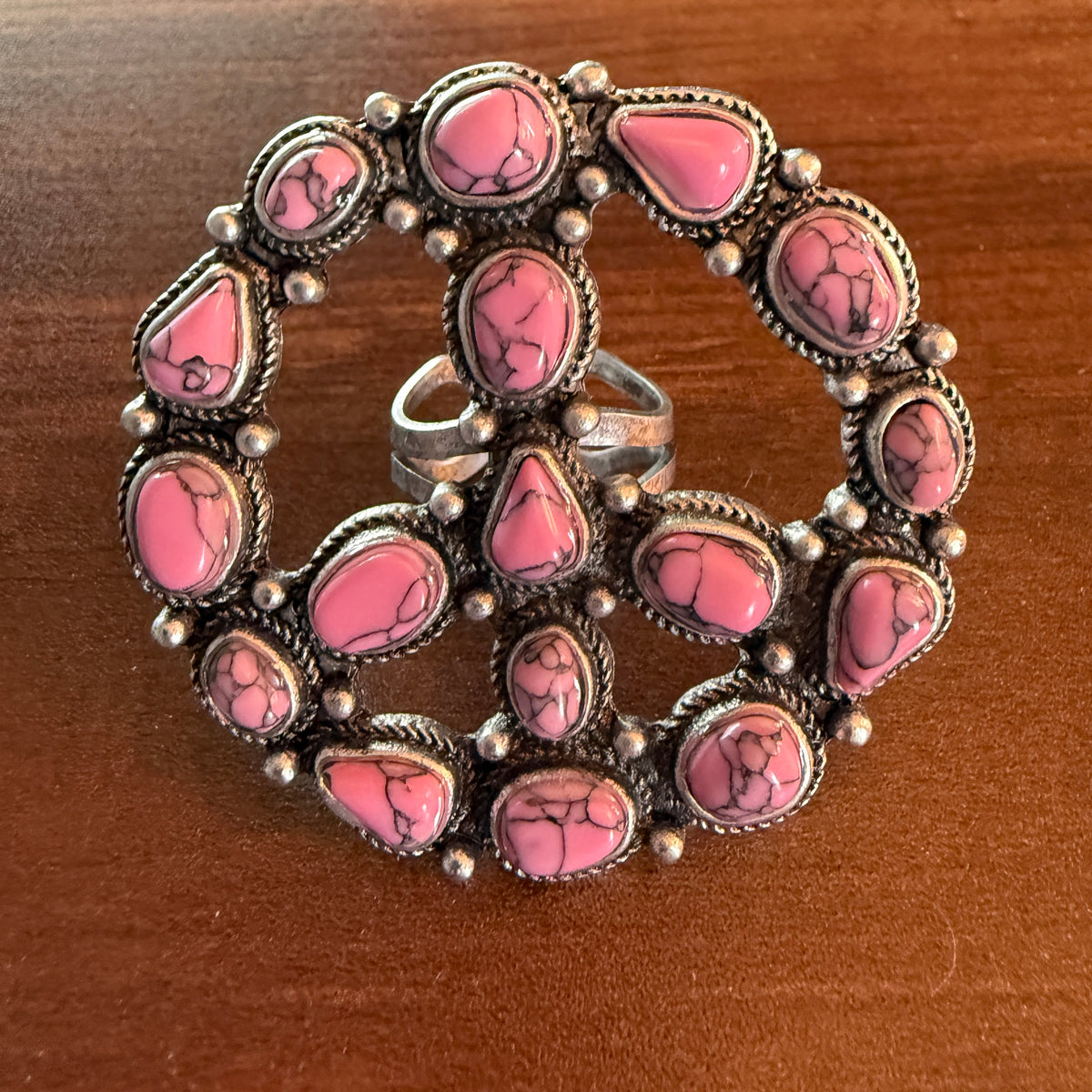 Handcrafted Hot Pink Turquoise Stone Peace Sign Ring In Silver Metal, Adjustable Wild West Boho