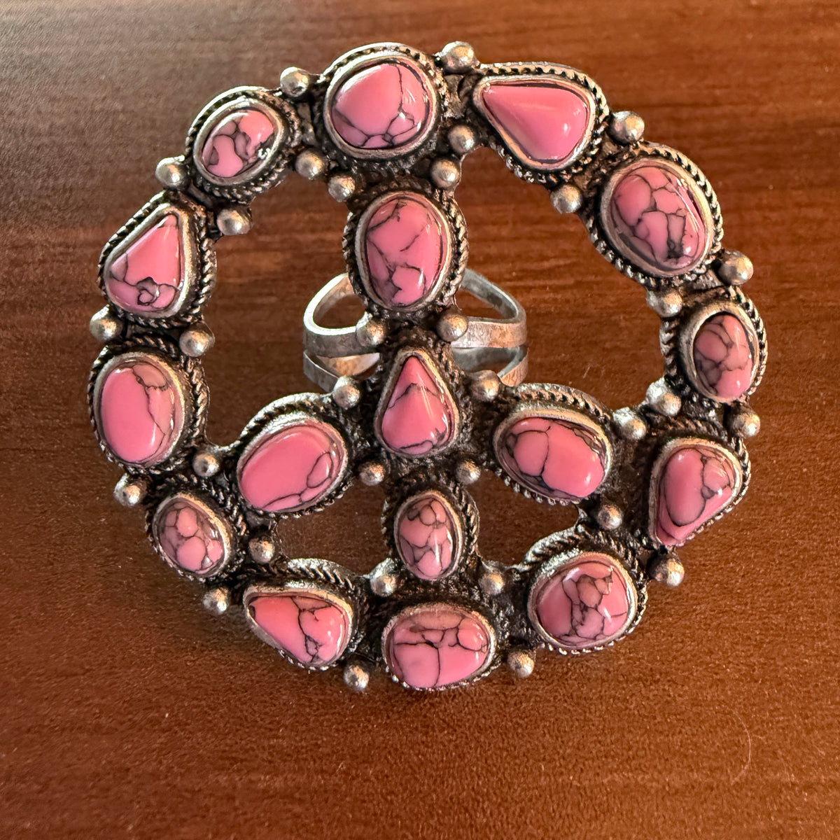Handcrafted Hot Pink Turquoise Stone Peace Sign Ring In Silver Metal, Adjustable Wild West Boho