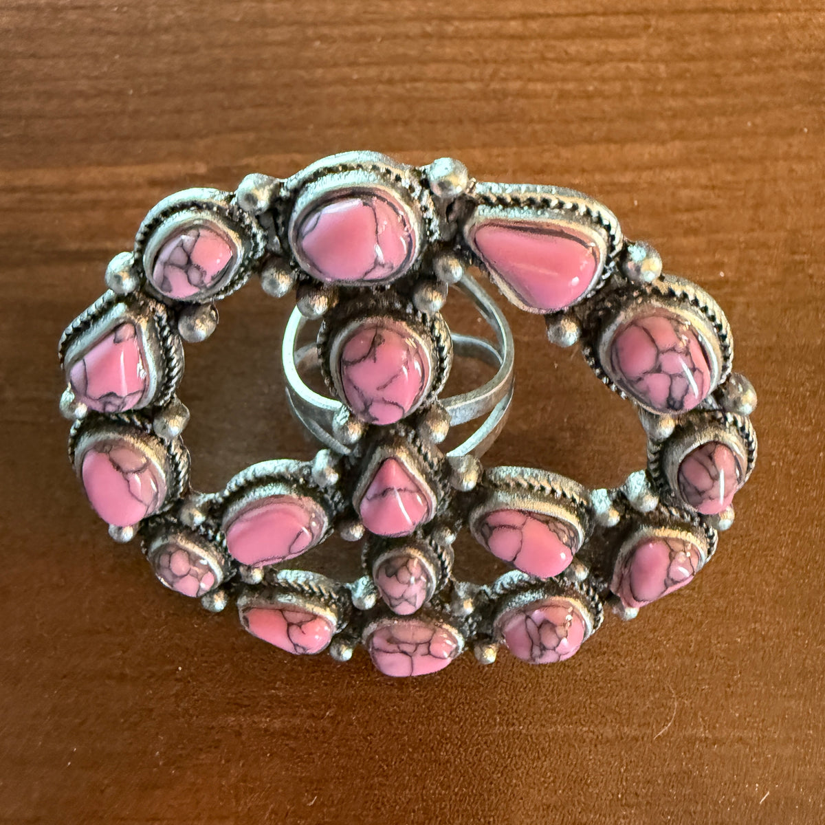Handcrafted Hot Pink Turquoise Stone Peace Sign Ring In Silver Metal, Adjustable Wild West Boho