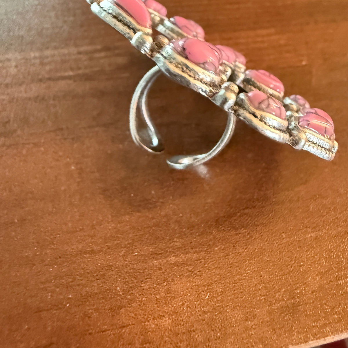 Handcrafted Hot Pink Turquoise Stone Peace Sign Ring In Silver Metal, Adjustable Wild West Boho