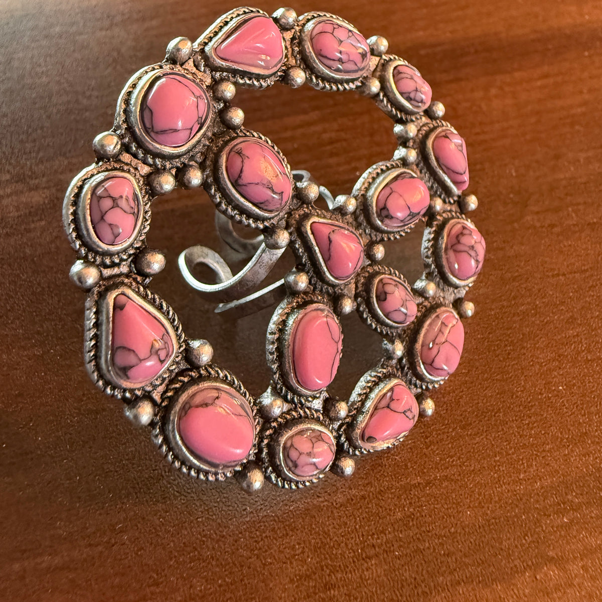 Handcrafted Hot Pink Turquoise Stone Peace Sign Ring In Silver Metal, Adjustable Wild West Boho