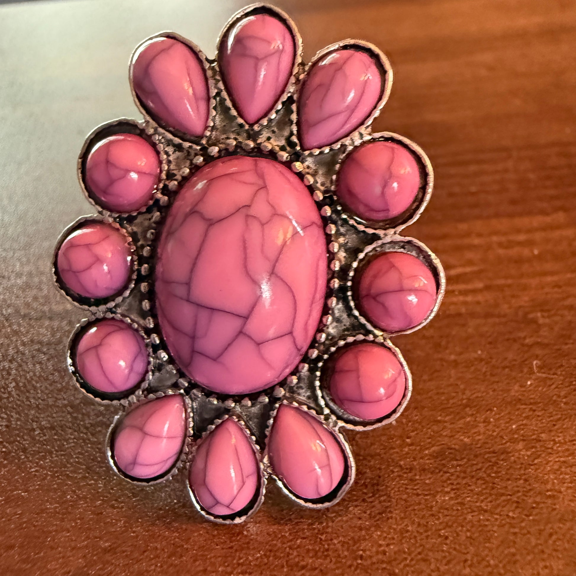 Handcrafted Hippie Pink Concho Stretch Statement Ring, Mixed Metals Wild West Boho