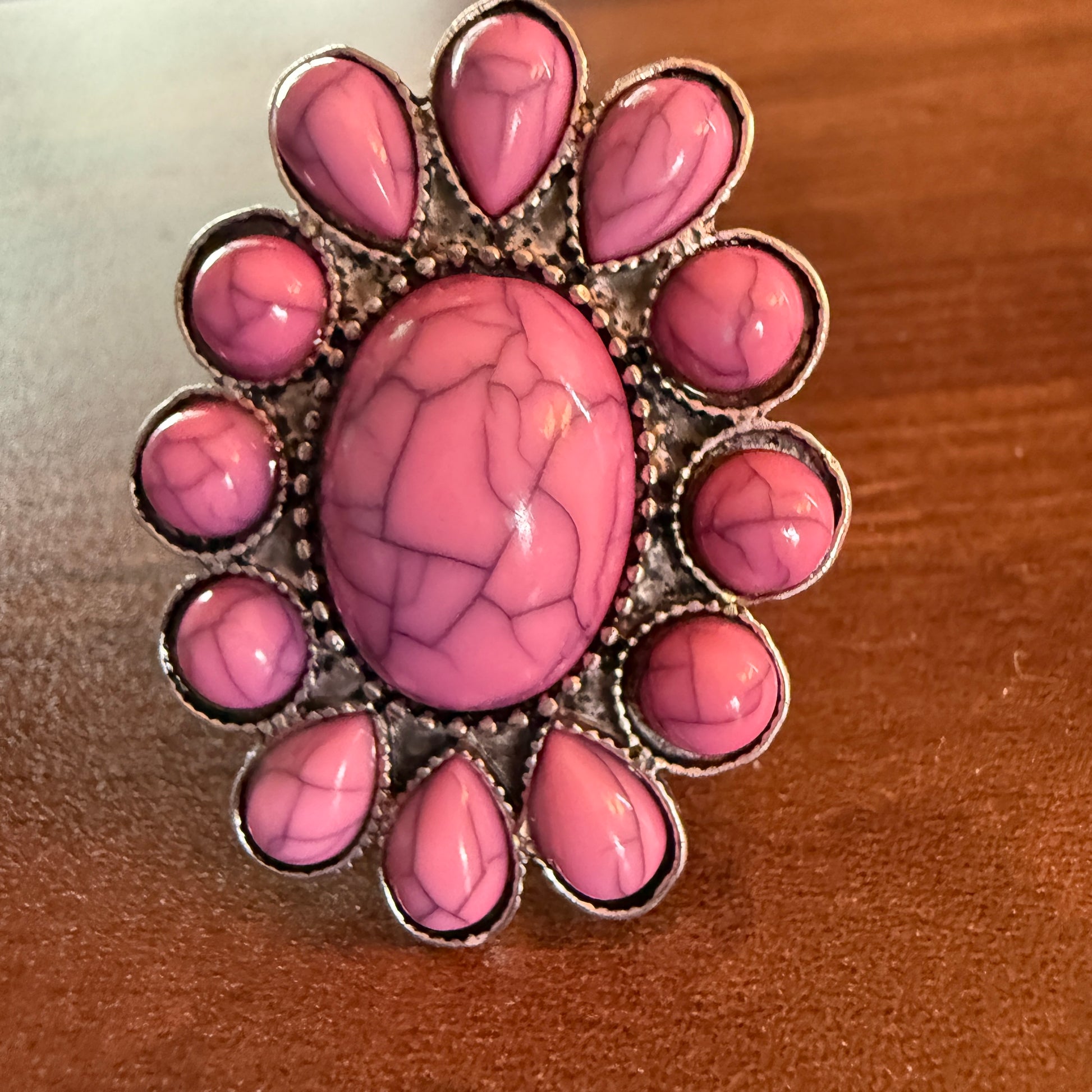 Handcrafted Hippie Pink Concho Stretch Statement Ring, Mixed Metals Wild West Boho