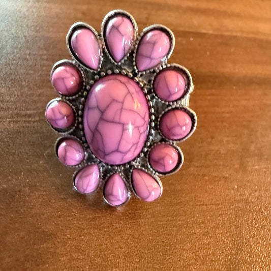 Handcrafted Hippie Pink Concho Stretch Statement Ring, Mixed Metals Wild West Boho
