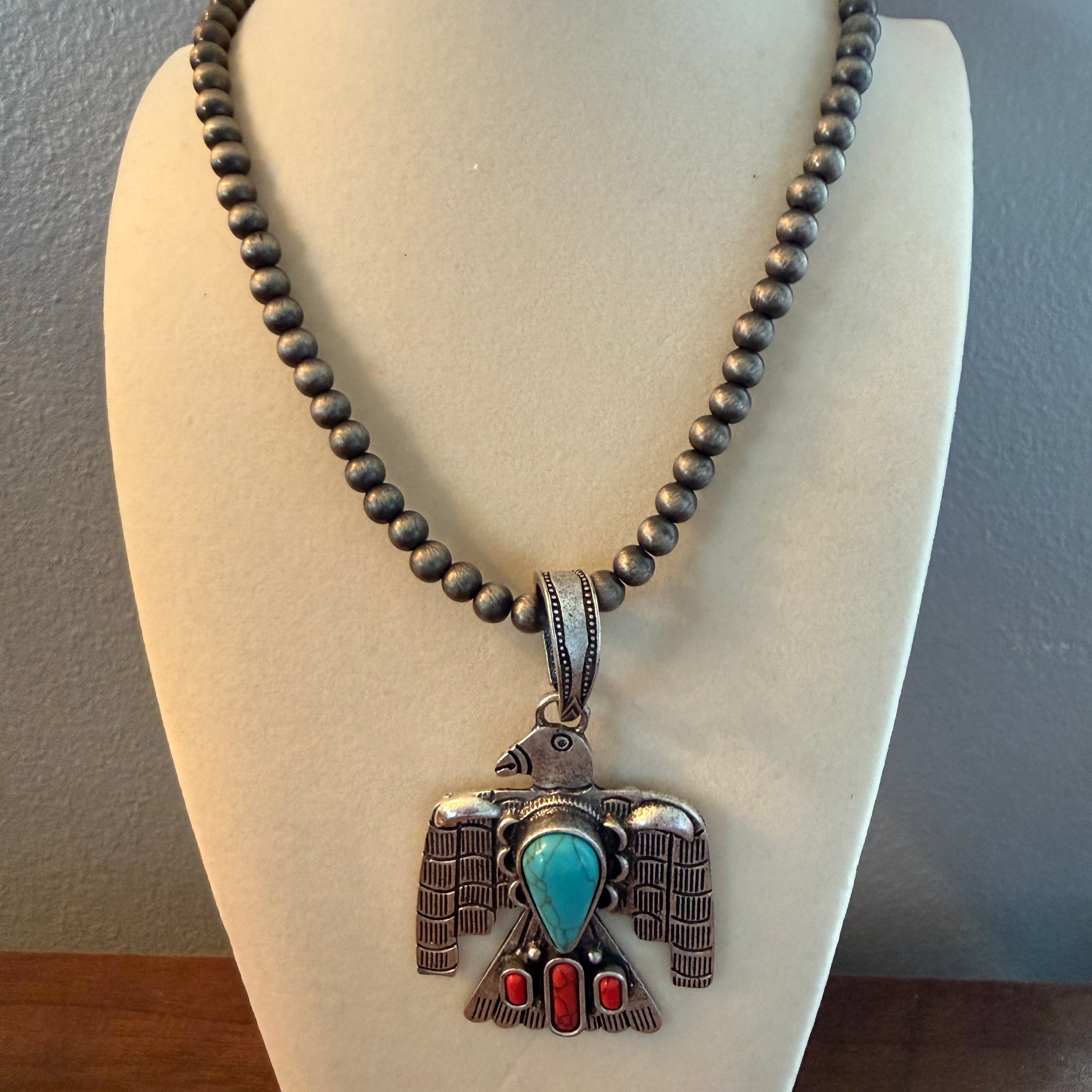Navajo Style Thunderbird Turquoise Pendant, 6mm Silver Pearl Necklace, 18 Inch Wild West Boho
