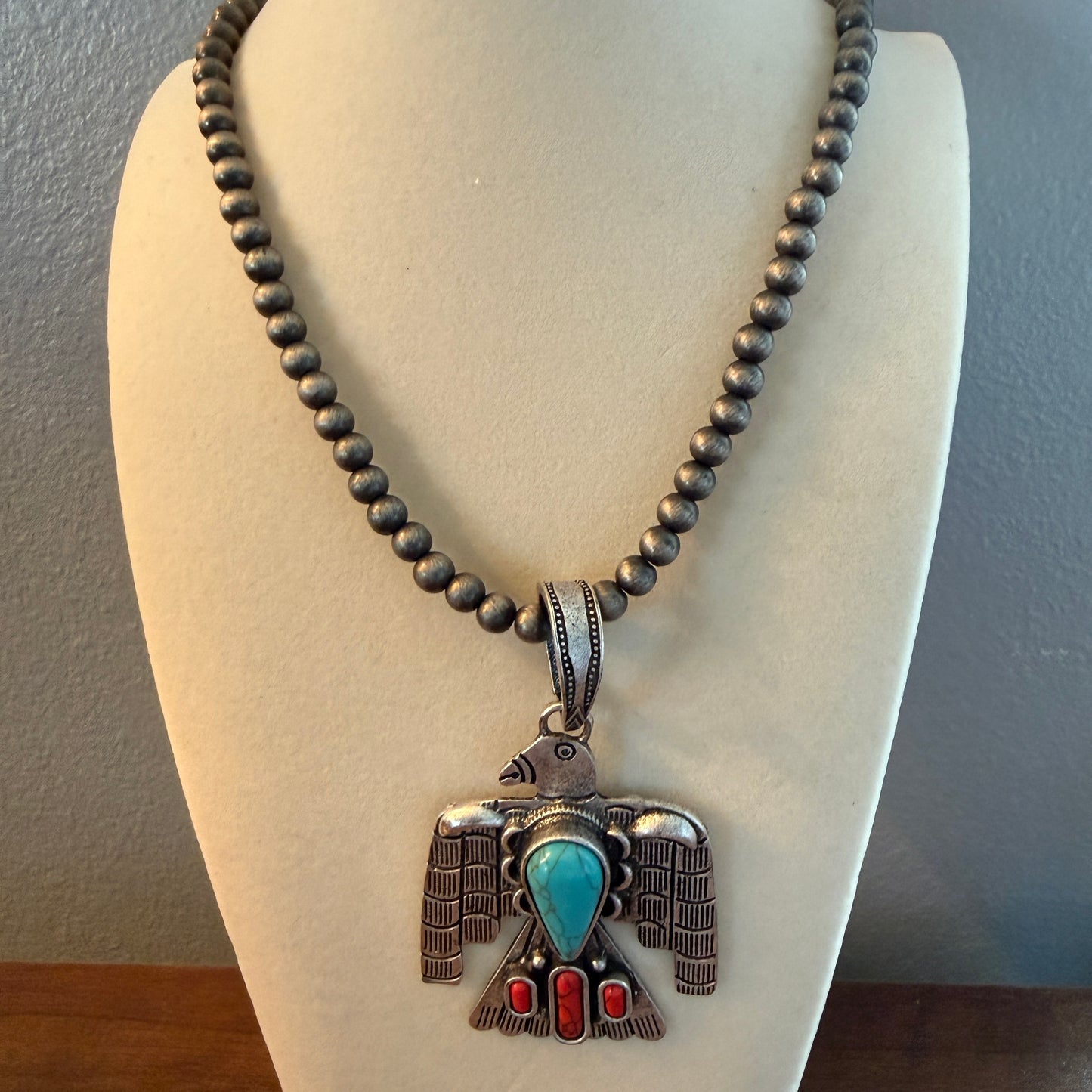 Navajo Style Thunderbird Turquoise Pendant, 6mm Silver Pearl Necklace, 18 Inch Wild West Boho