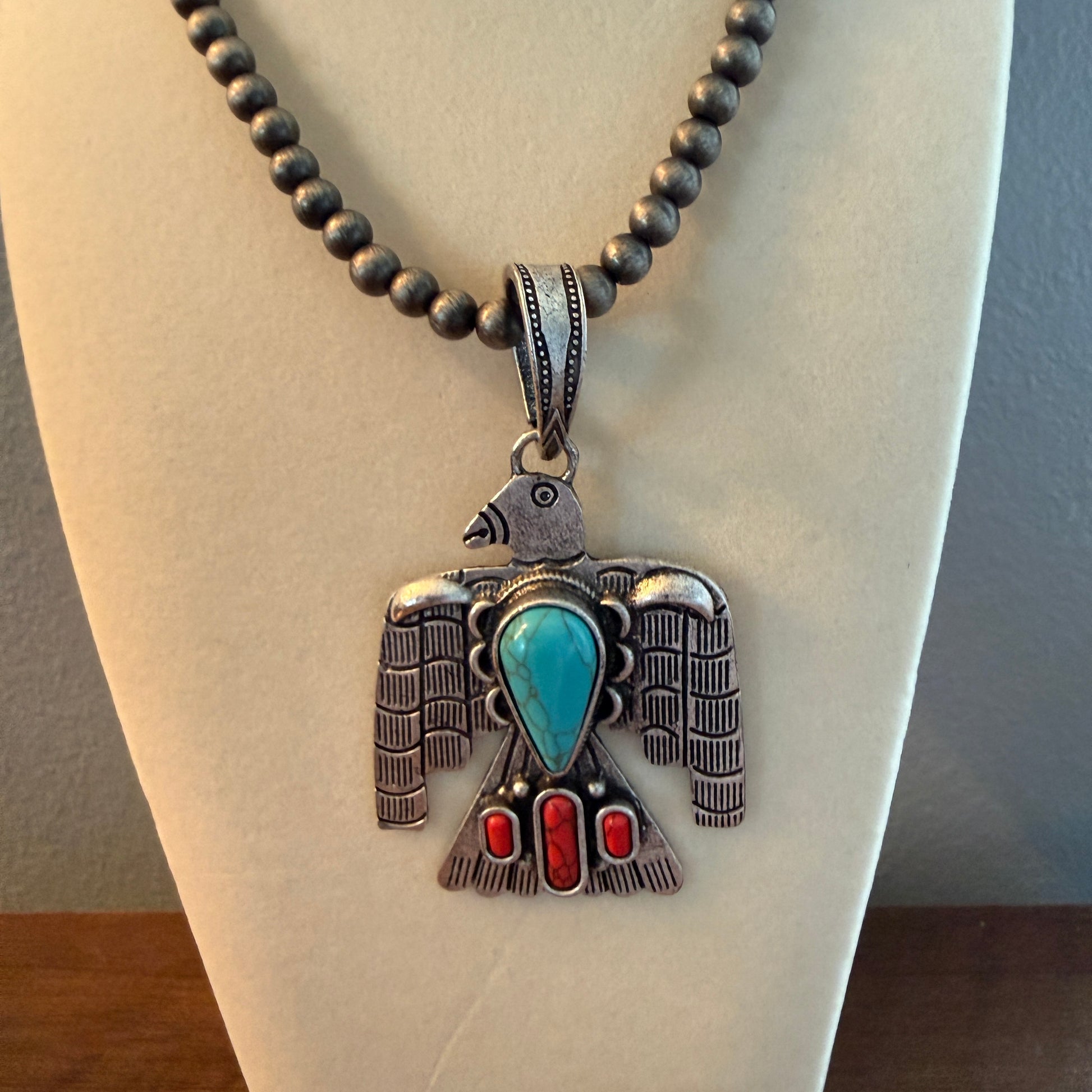 Navajo Style Thunderbird Turquoise Pendant, 6mm Silver Pearl Necklace, 18 Inch Wild West Boho