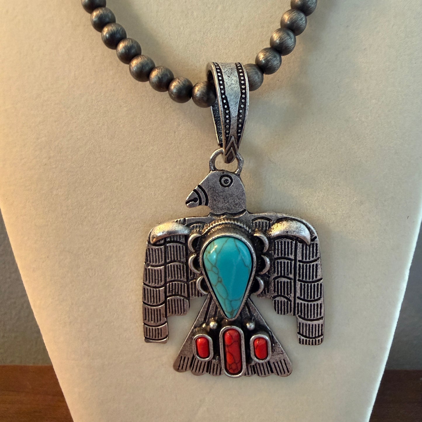 Navajo Style Thunderbird Turquoise Pendant, 6mm Silver Pearl Necklace, 18 Inch Wild West Boho