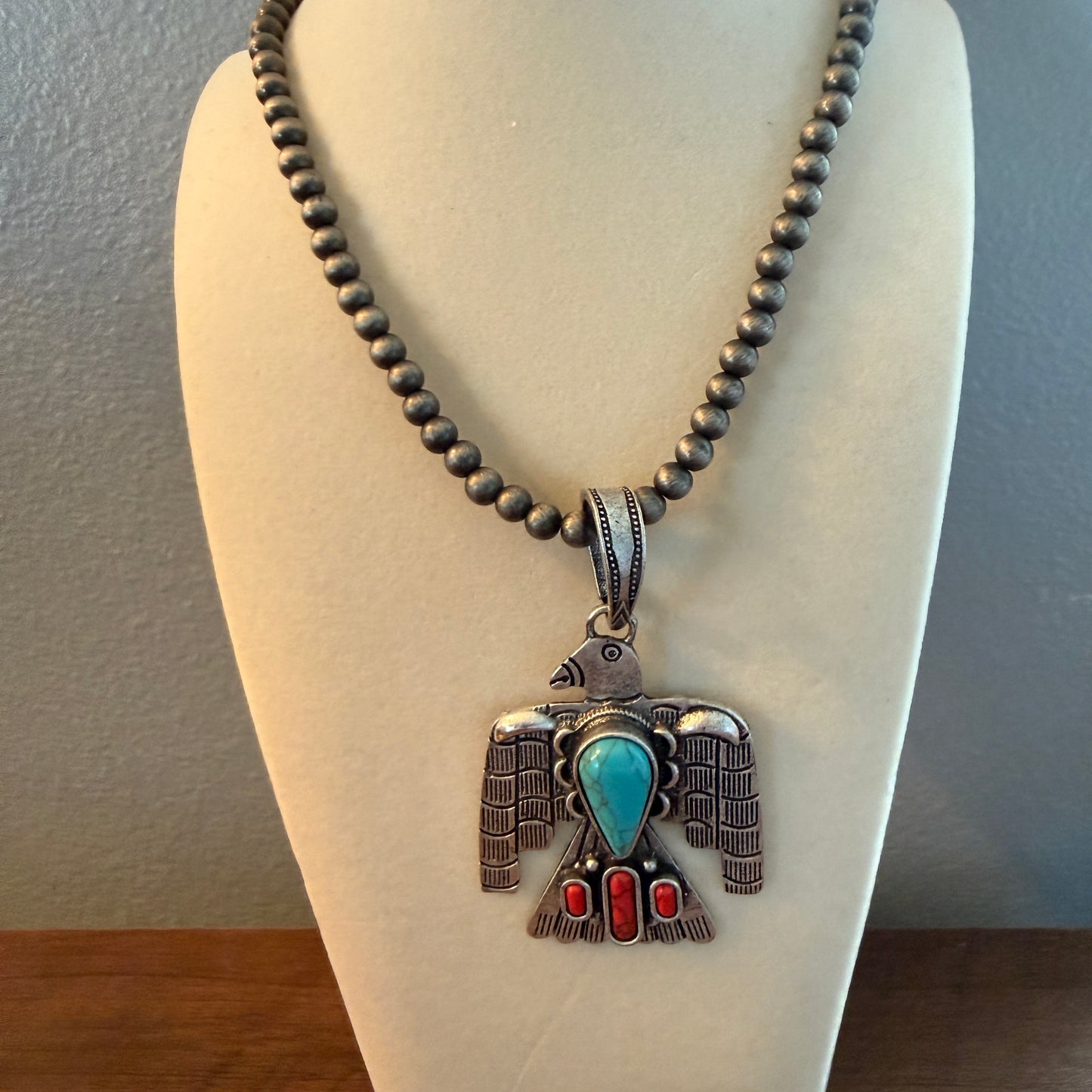 Navajo Style Thunderbird Turquoise Pendant, 6mm Silver Pearl Necklace, 18 Inch Wild West Boho
