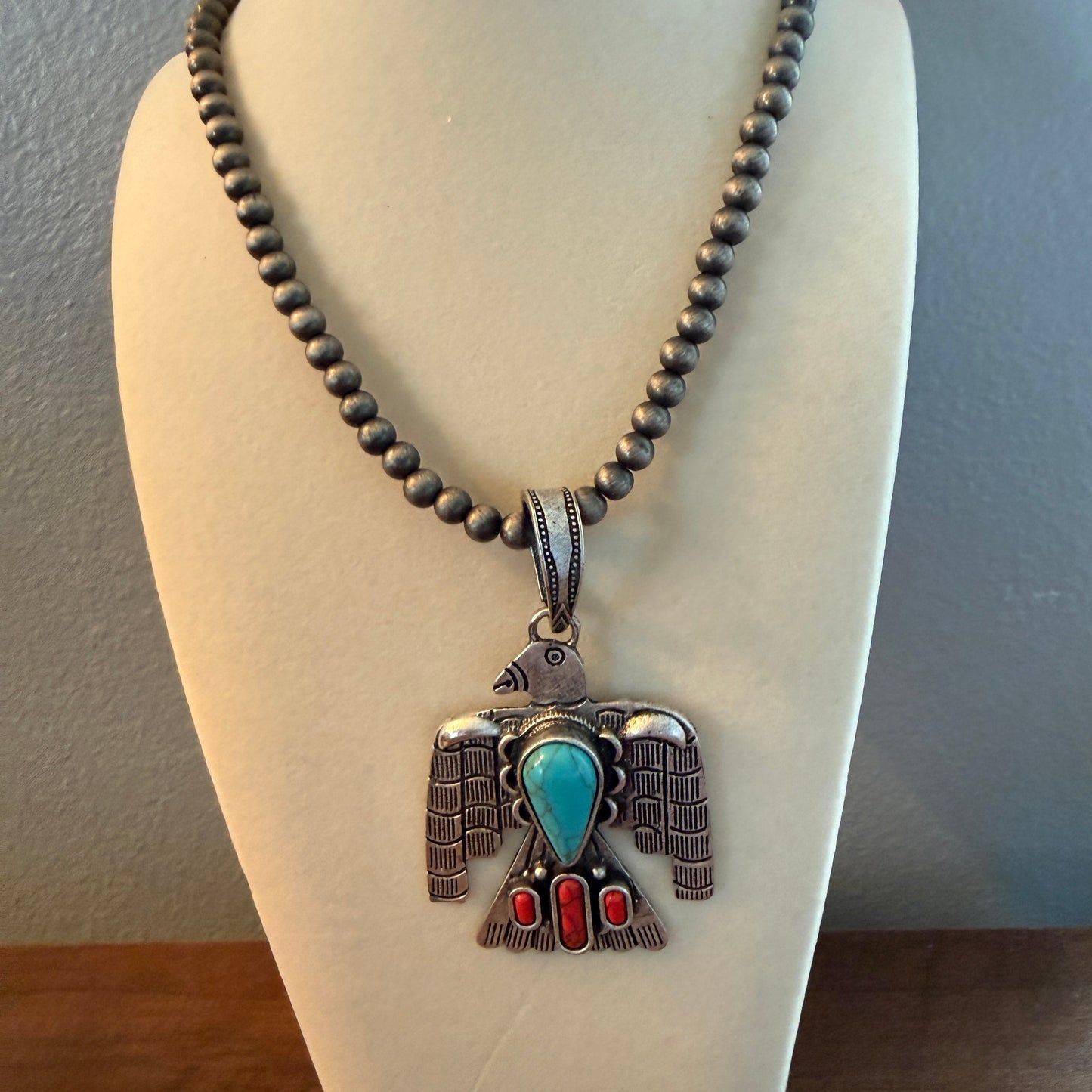 Navajo Style Thunderbird Turquoise Pendant, 6mm Silver Pearl Necklace, 18 Inch Wild West Boho