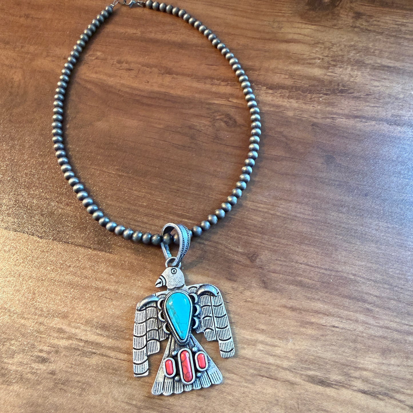 Navajo Style Thunderbird Turquoise Pendant, 6mm Silver Pearl Necklace, 18 Inch Wild West Boho