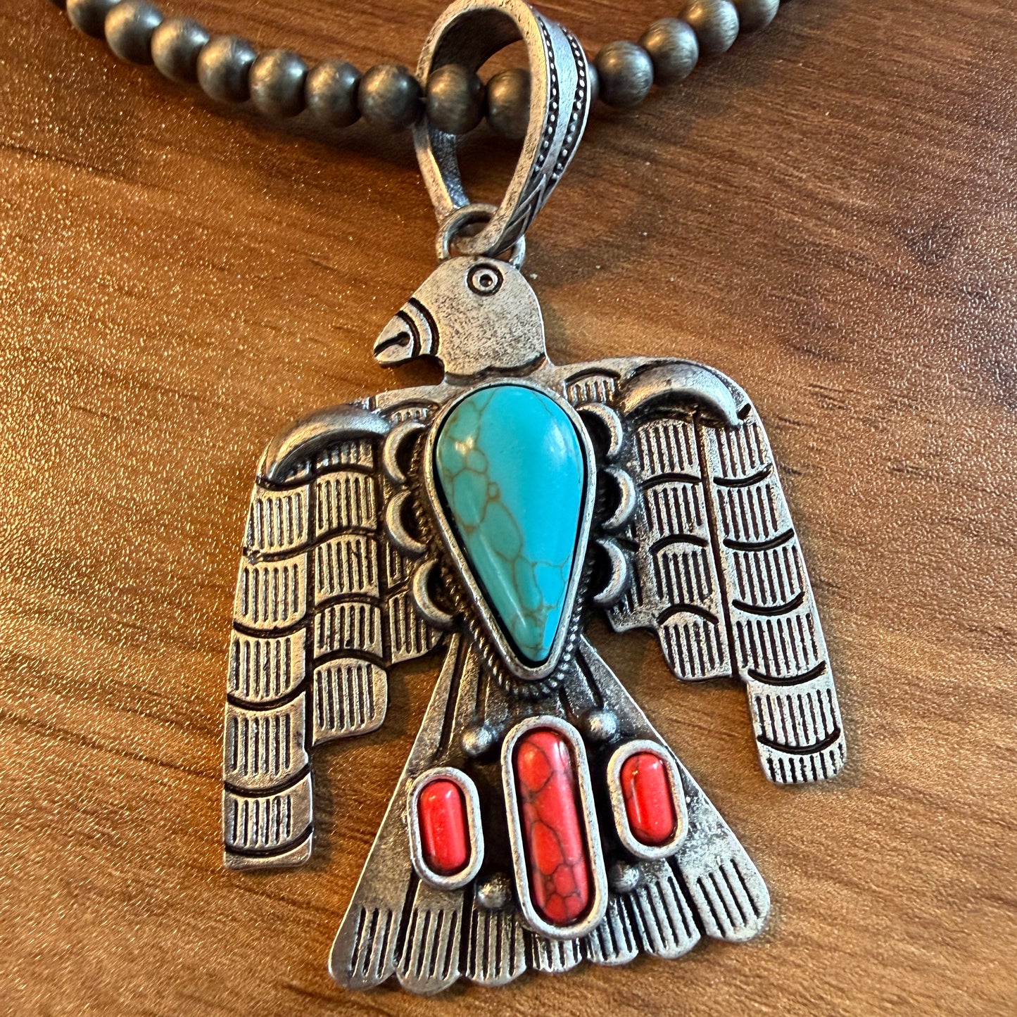 Navajo Style Thunderbird Turquoise Pendant, 6mm Silver Pearl Necklace, 18 Inch Wild West Boho