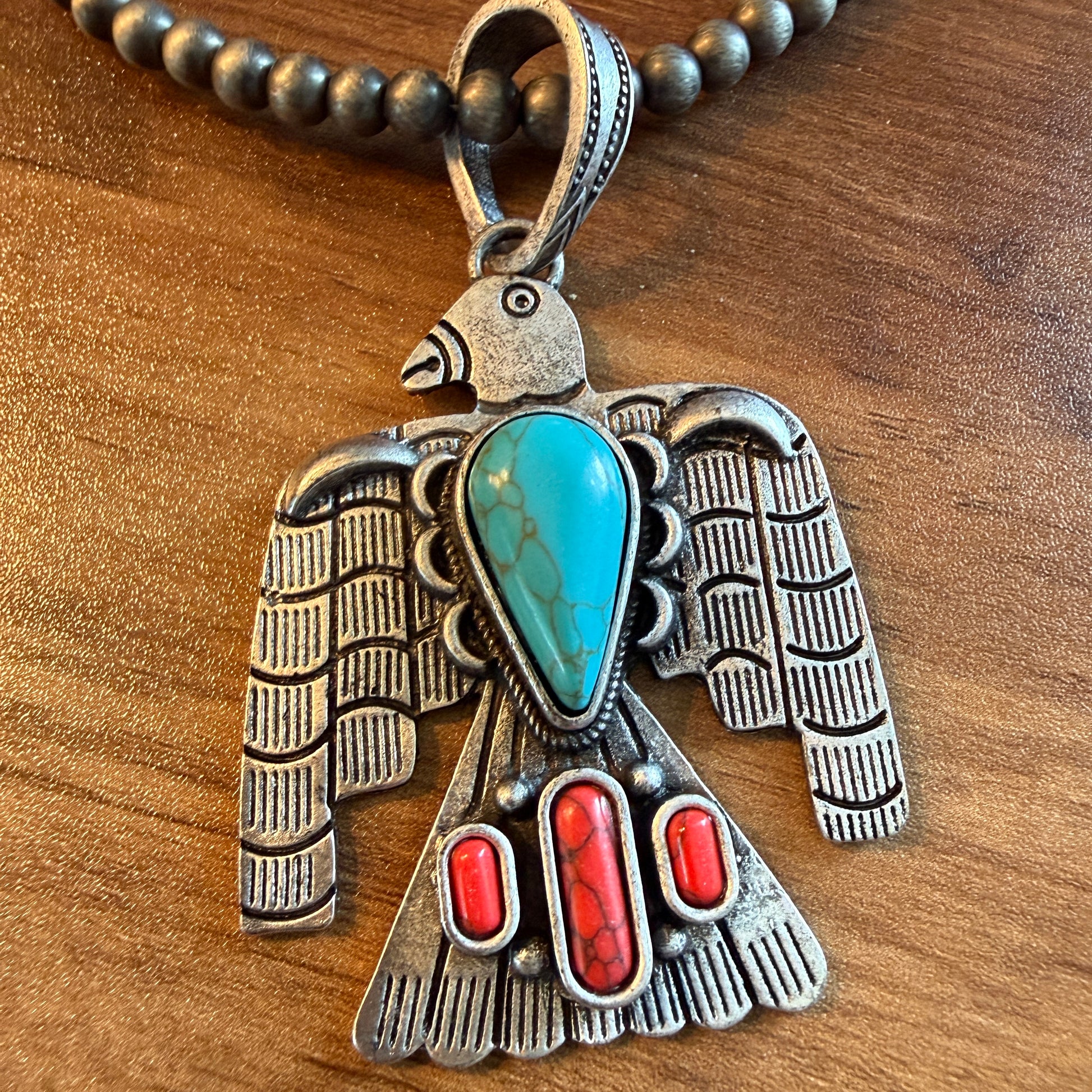 Navajo Style Thunderbird Turquoise Pendant, 6mm Silver Pearl Necklace, 18 Inch Wild West Boho