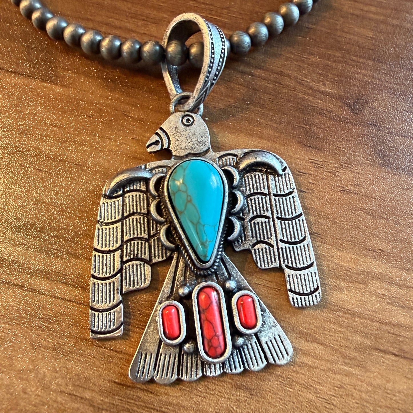 Navajo Style Thunderbird Turquoise Pendant, 6mm Silver Pearl Necklace, 18 Inch Wild West Boho