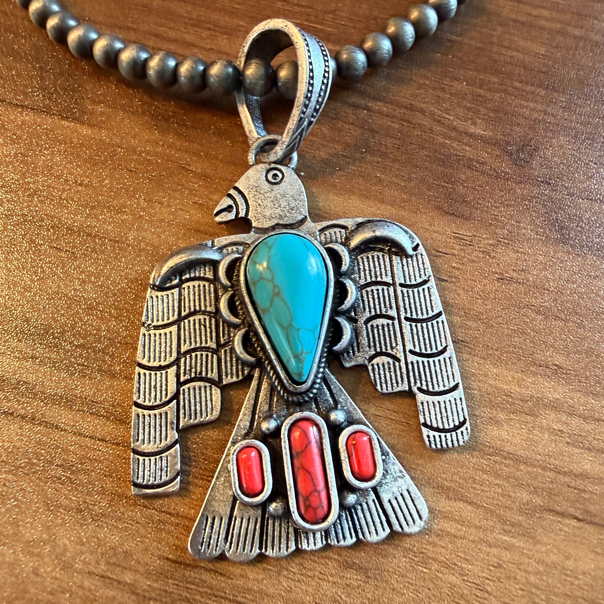 Navajo Style Thunderbird Turquoise Pendant, 6mm Silver Pearl Necklace, 18 Inch Wild West Boho