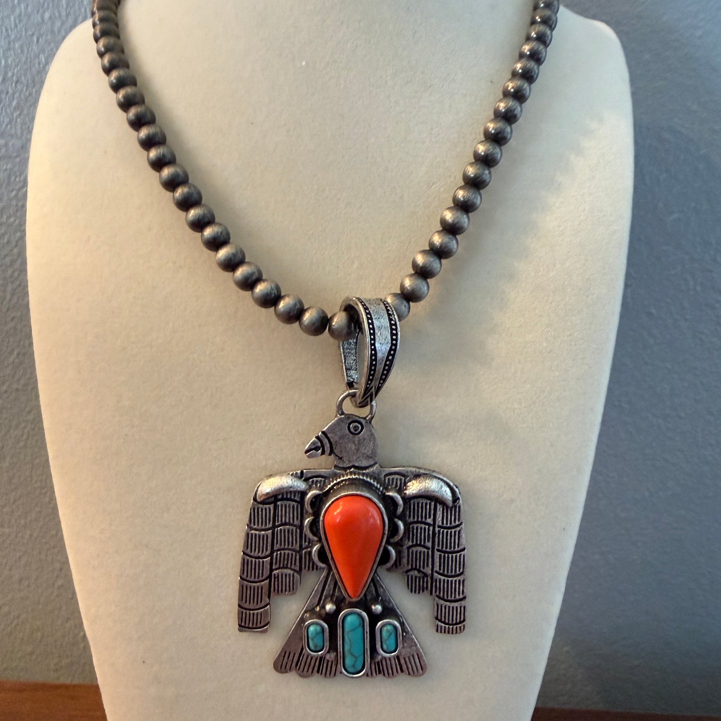 Handcrafted Navajo Style Coral Turquoise Thunderbird 6mm Silver Pearl Necklace, 18 Inch Wild West Boho