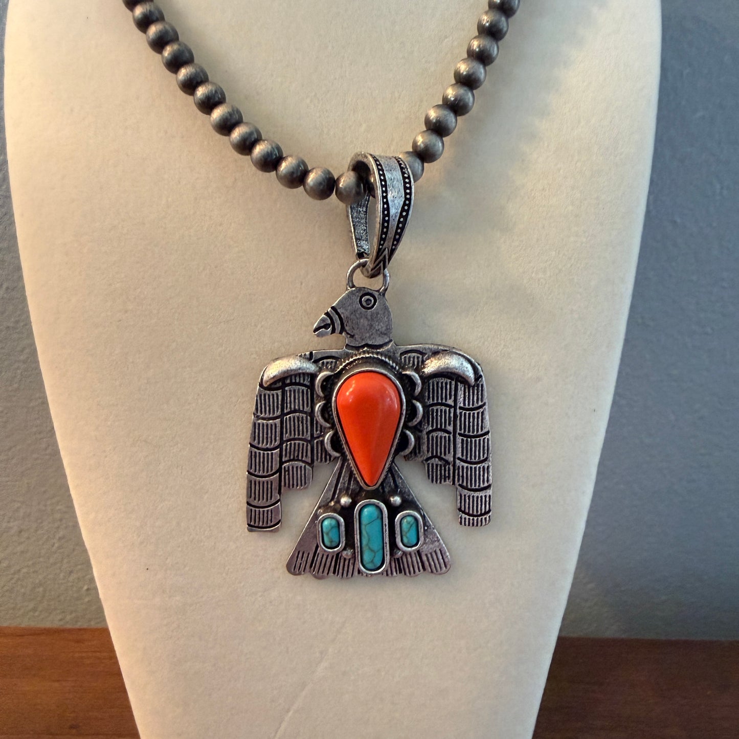 Handcrafted Navajo Style Coral Turquoise Thunderbird 6mm Silver Pearl Necklace, 18 Inch Wild West Boho