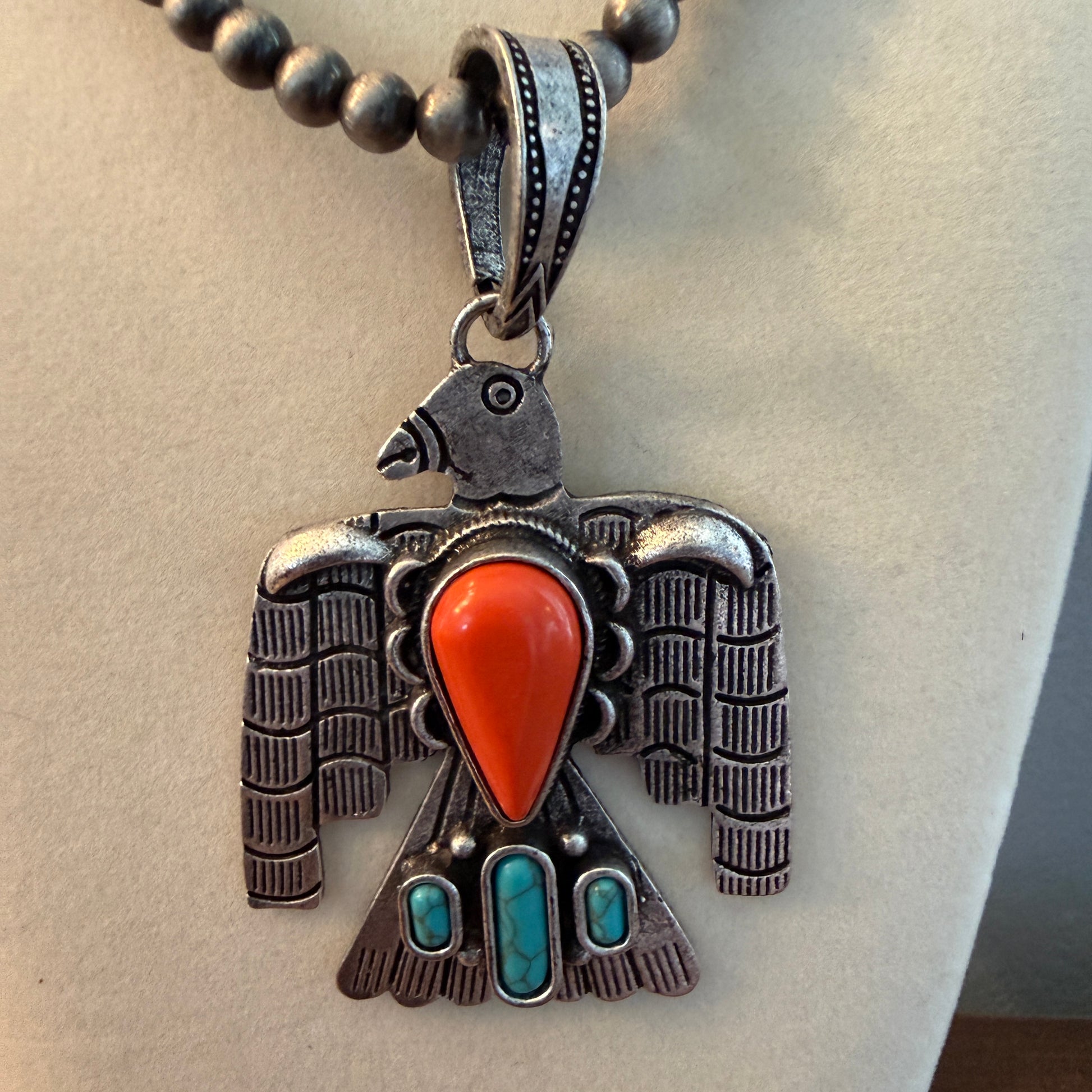 Handcrafted Navajo Style Coral Turquoise Thunderbird 6mm Silver Pearl Necklace, 18 Inch Wild West Boho
