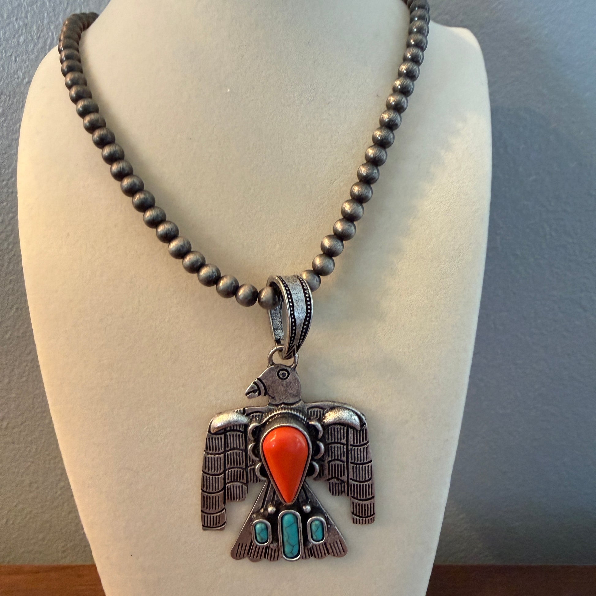 Handcrafted Navajo Style Coral Turquoise Thunderbird 6mm Silver Pearl Necklace, 18 Inch Wild West Boho