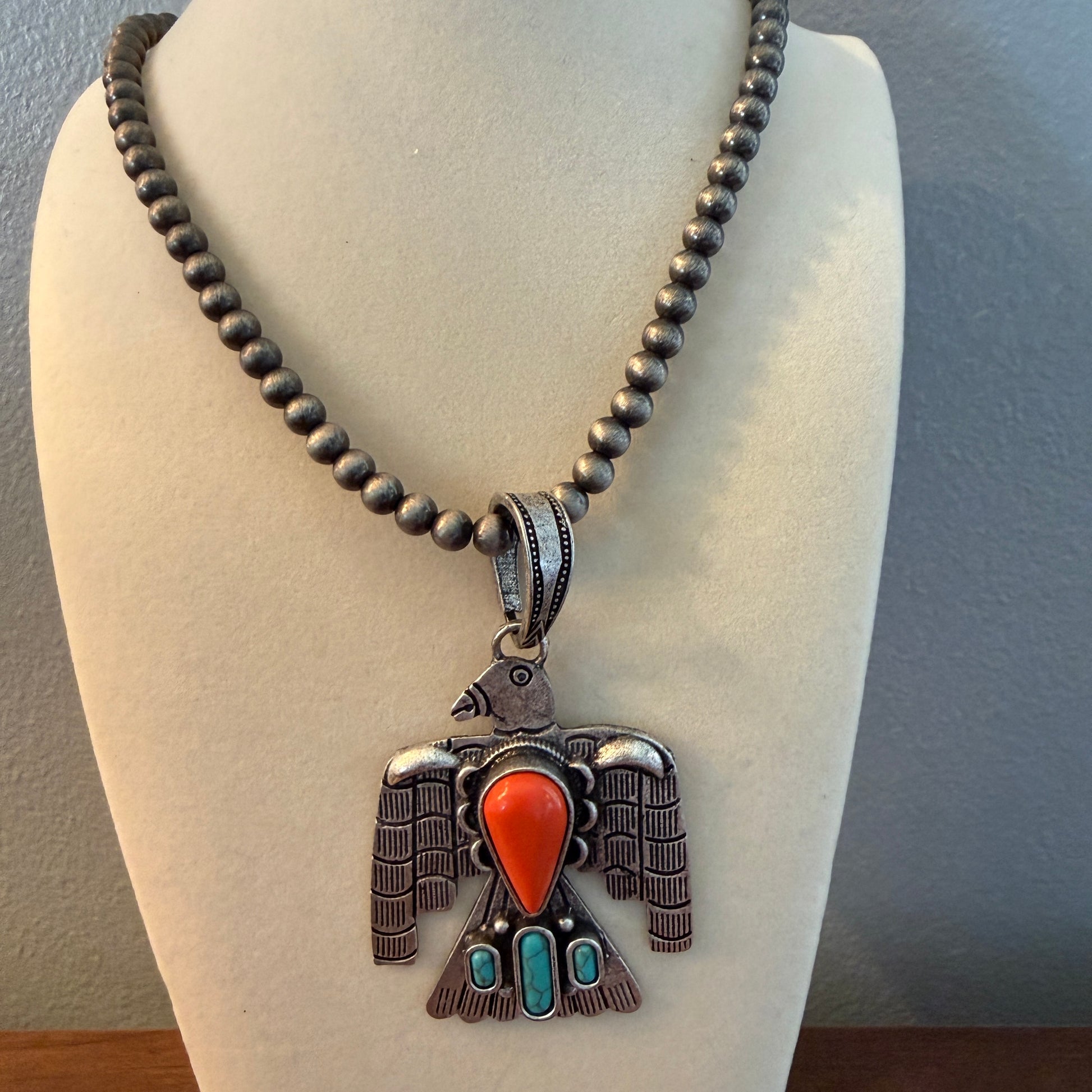 Handcrafted Navajo Style Coral Turquoise Thunderbird 6mm Silver Pearl Necklace, 18 Inch Wild West Boho