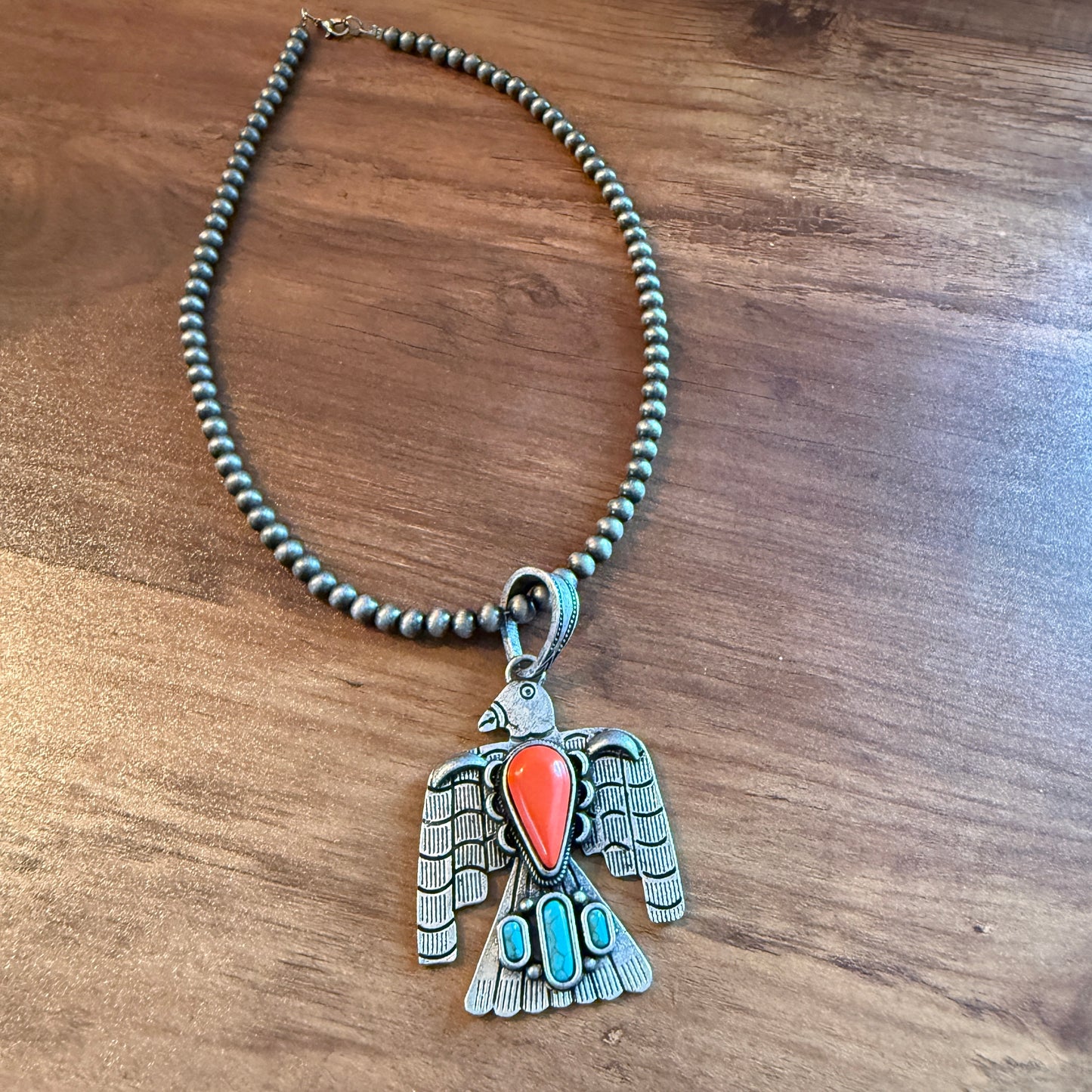 Handcrafted Navajo Style Coral Turquoise Thunderbird 6mm Silver Pearl Necklace, 18 Inch Wild West Boho