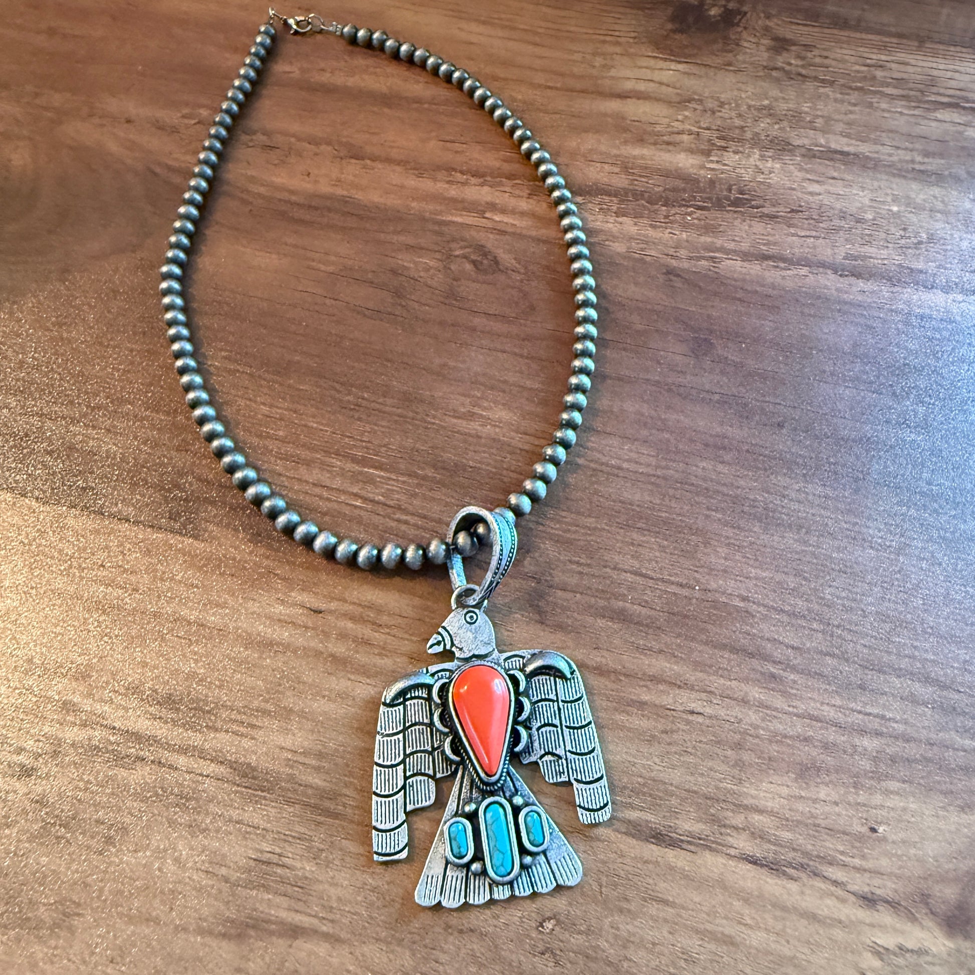 Handcrafted Navajo Style Coral Turquoise Thunderbird 6mm Silver Pearl Necklace, 18 Inch Wild West Boho