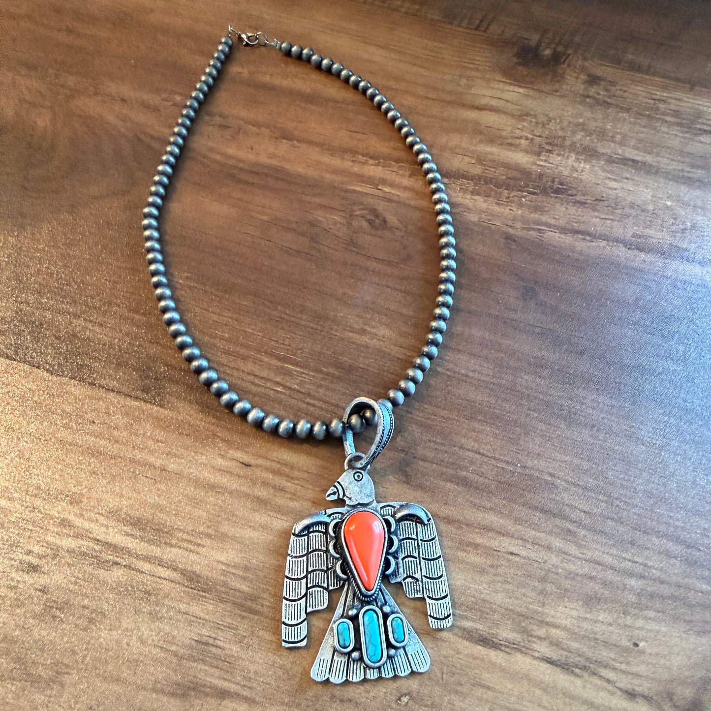 Handcrafted Navajo Style Coral Turquoise Thunderbird 6mm Silver Pearl Necklace, 18 Inch Wild West Boho