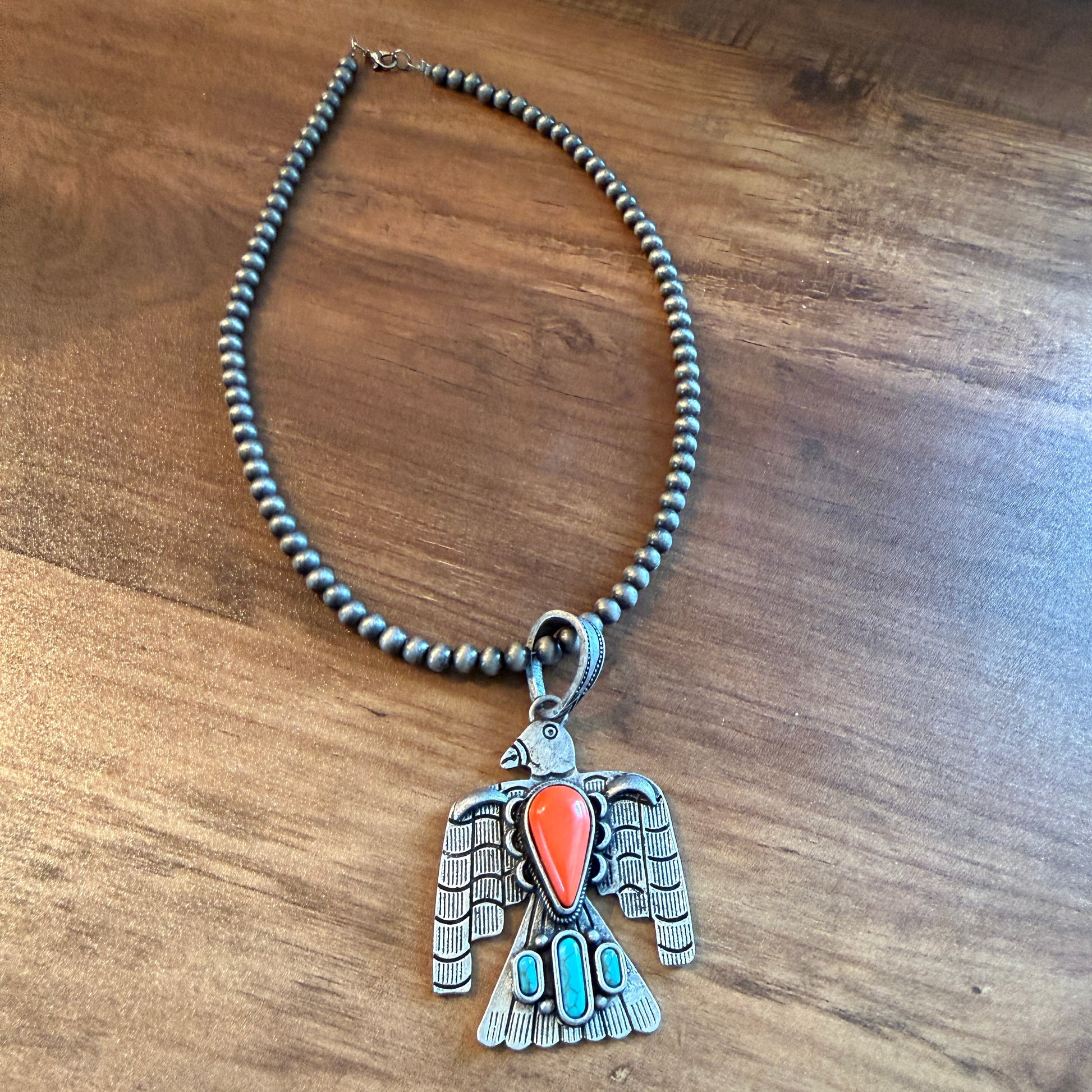 Handcrafted Navajo Style Coral Turquoise Thunderbird 6mm Silver Pearl Necklace, 18 Inch Wild West Boho
