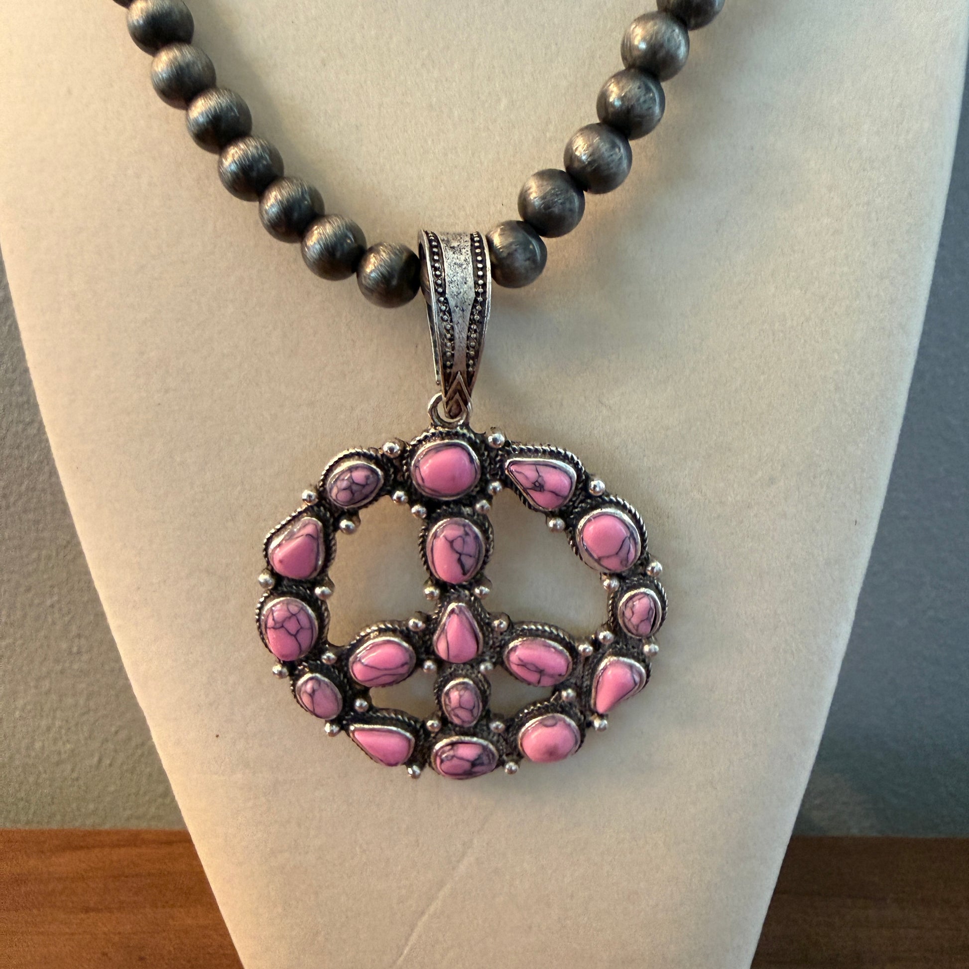 Handcrafted Hippie Hot Pink Peace Sign Pendant Silver 8mm Pearl Necklace , 23 Inch Wild West Boho