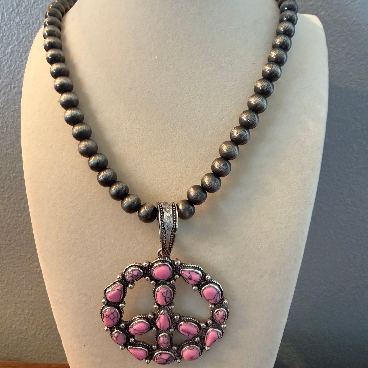Handcrafted Hippie Hot Pink Peace Sign Pendant Silver 8mm Pearl Necklace , 23 Inch Wild West Boho