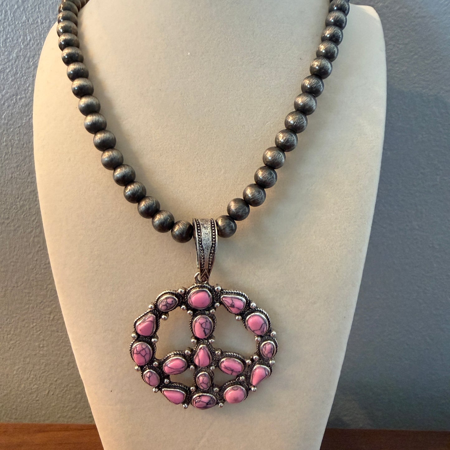 Handcrafted Hippie Hot Pink Peace Sign Pendant Silver 8mm Pearl Necklace , 23 Inch Wild West Boho