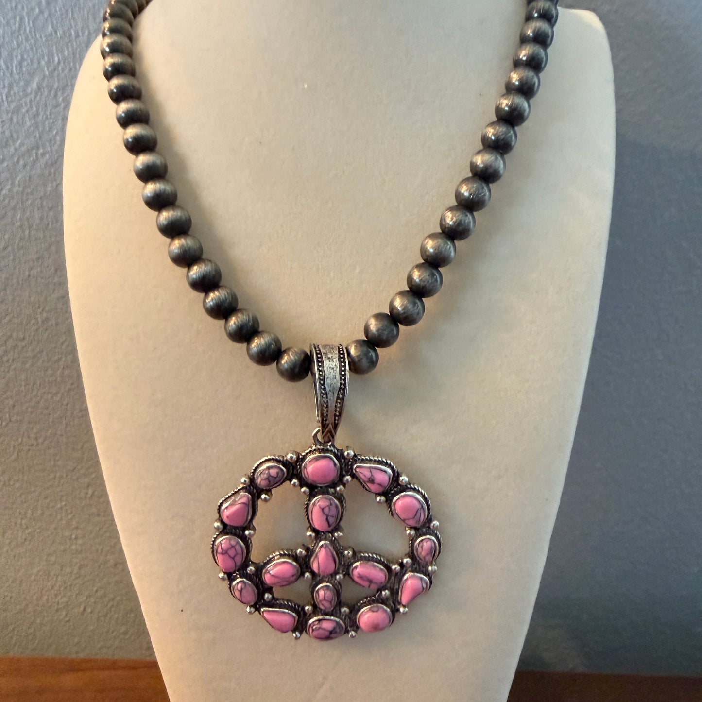 Handcrafted Hippie Hot Pink Peace Sign Pendant Silver 8mm Pearl Necklace , 23 Inch Wild West Boho