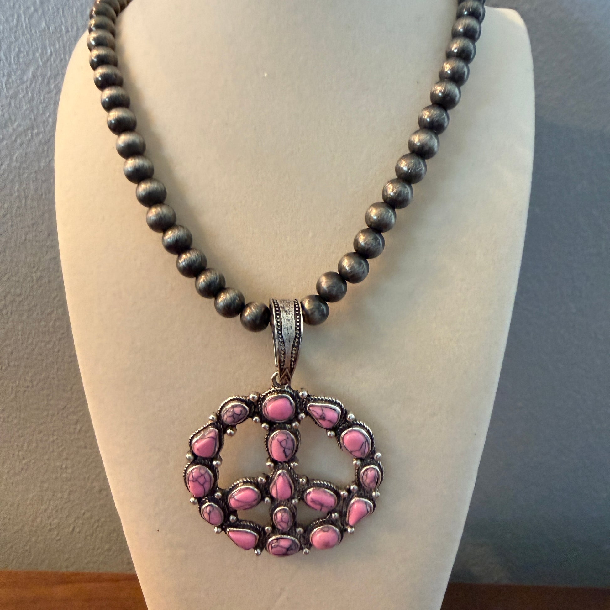Handcrafted Hippie Hot Pink Peace Sign Pendant Silver 8mm Pearl Necklace , 23 Inch Wild West Boho
