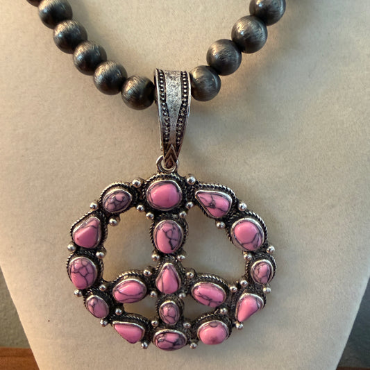 Handcrafted Hippie Hot Pink Peace Sign Pendant Silver 8mm Pearl Necklace , 23 Inch Wild West Boho