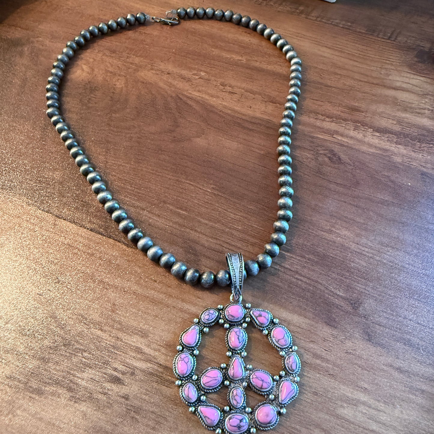 Handcrafted Hippie Hot Pink Peace Sign Pendant Silver 8mm Pearl Necklace , 23 Inch Wild West Boho