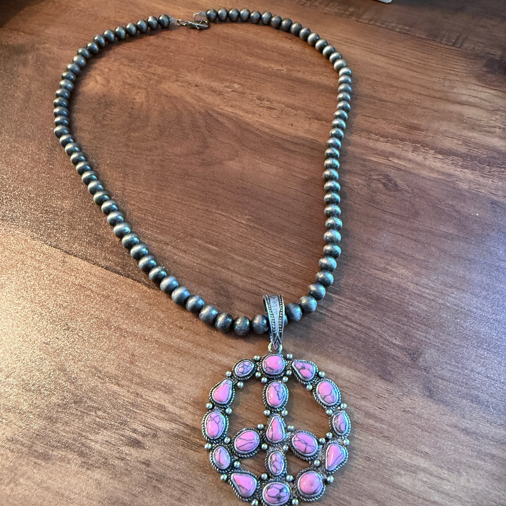 Handcrafted Hippie Hot Pink Peace Sign Pendant Silver 8mm Pearl Necklace , 23 Inch Wild West Boho