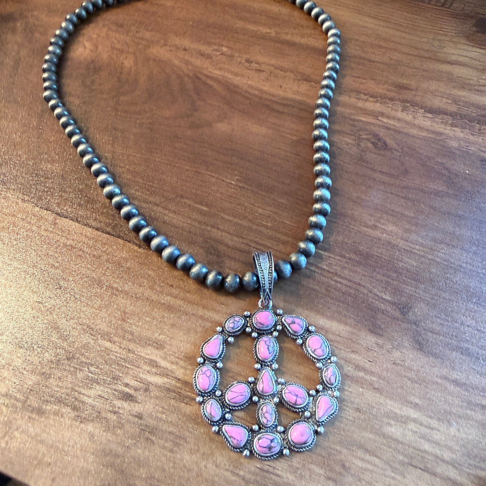 Handcrafted Hippie Hot Pink Peace Sign Pendant Silver 8mm Pearl Necklace , 23 Inch Wild West Boho