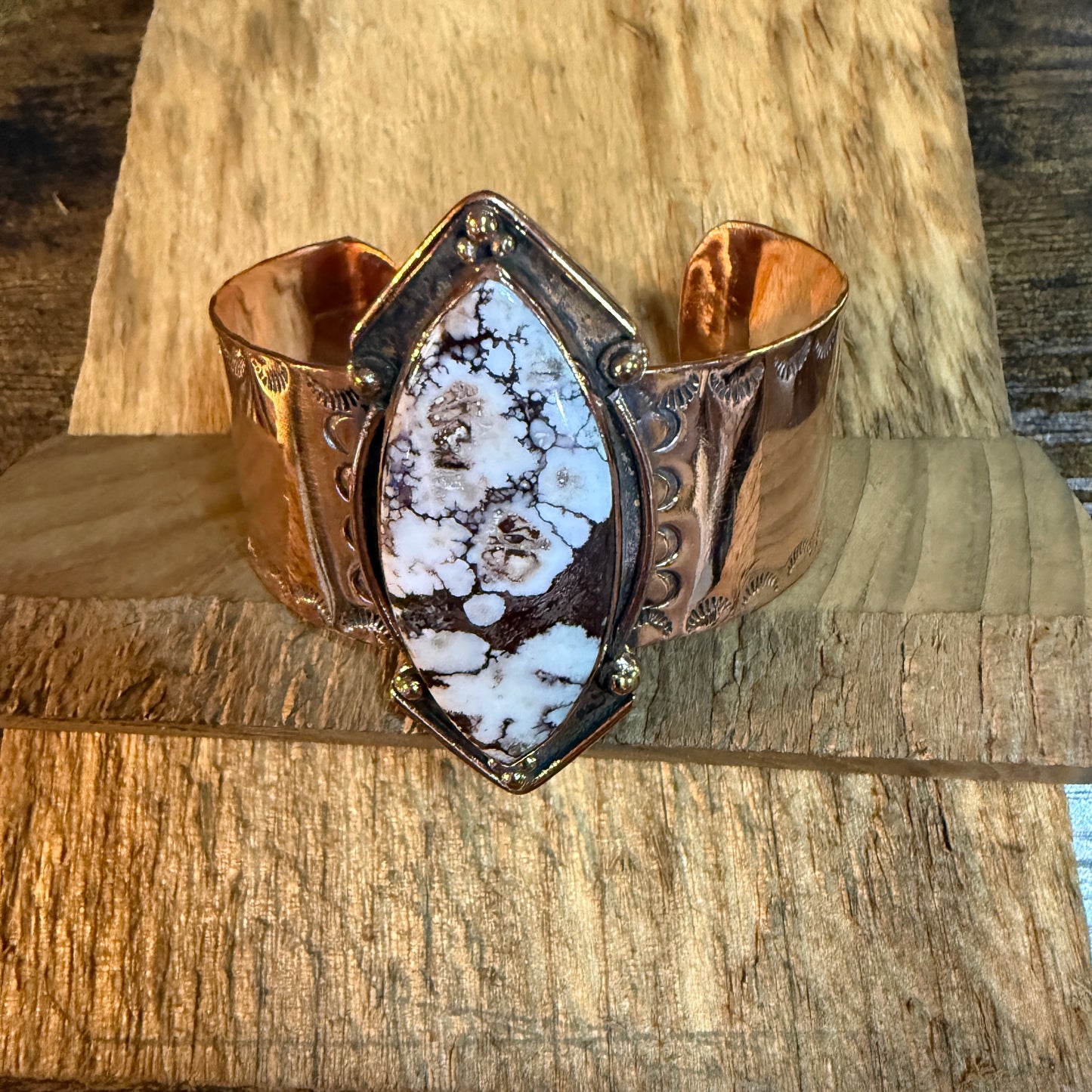 Genuine Copper Flex Cuff Bracelet With Wild Horse Gemstone One Inch Band Wild West Boho