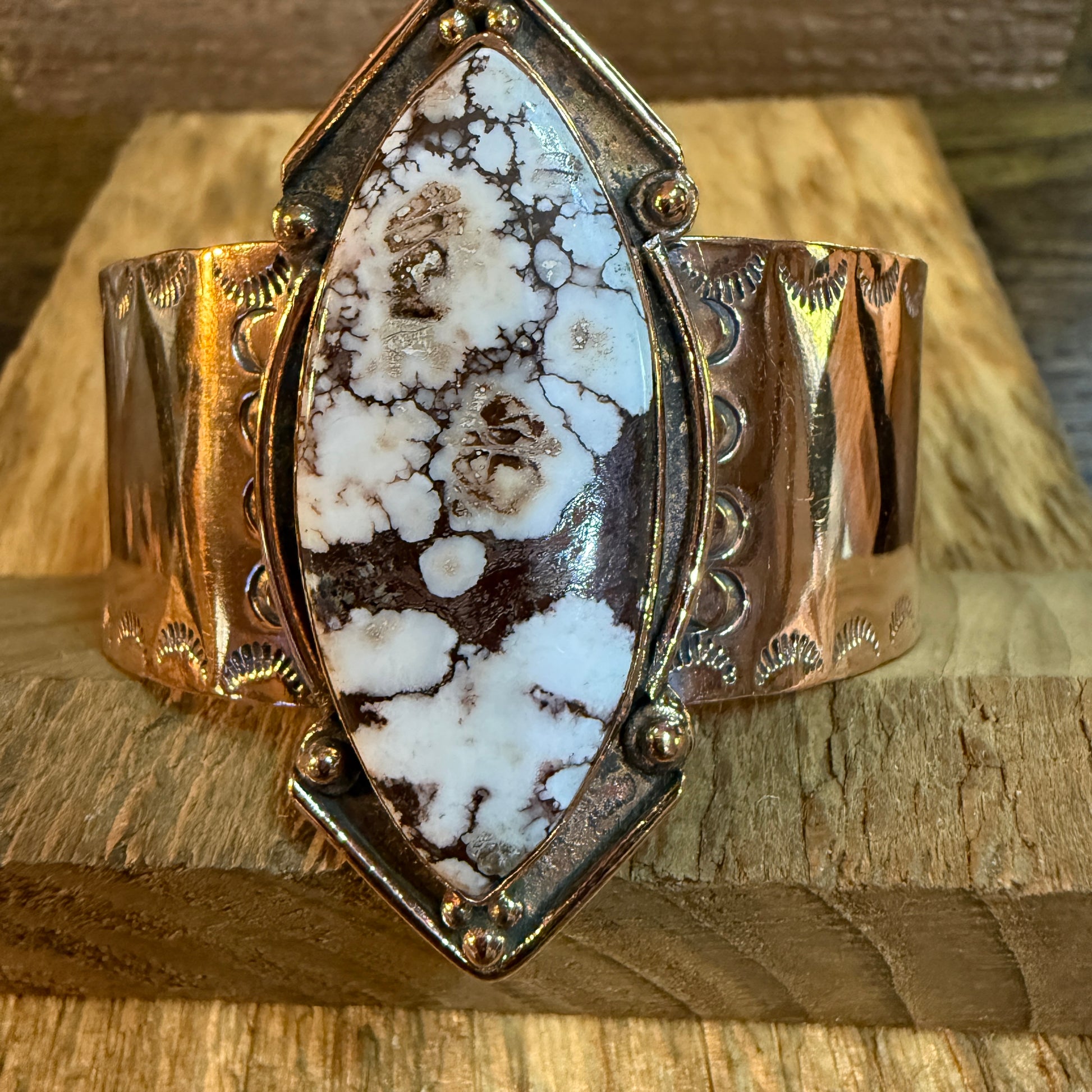 Genuine Copper Flex Cuff Bracelet With Wild Horse Gemstone One Inch Band Wild West Boho