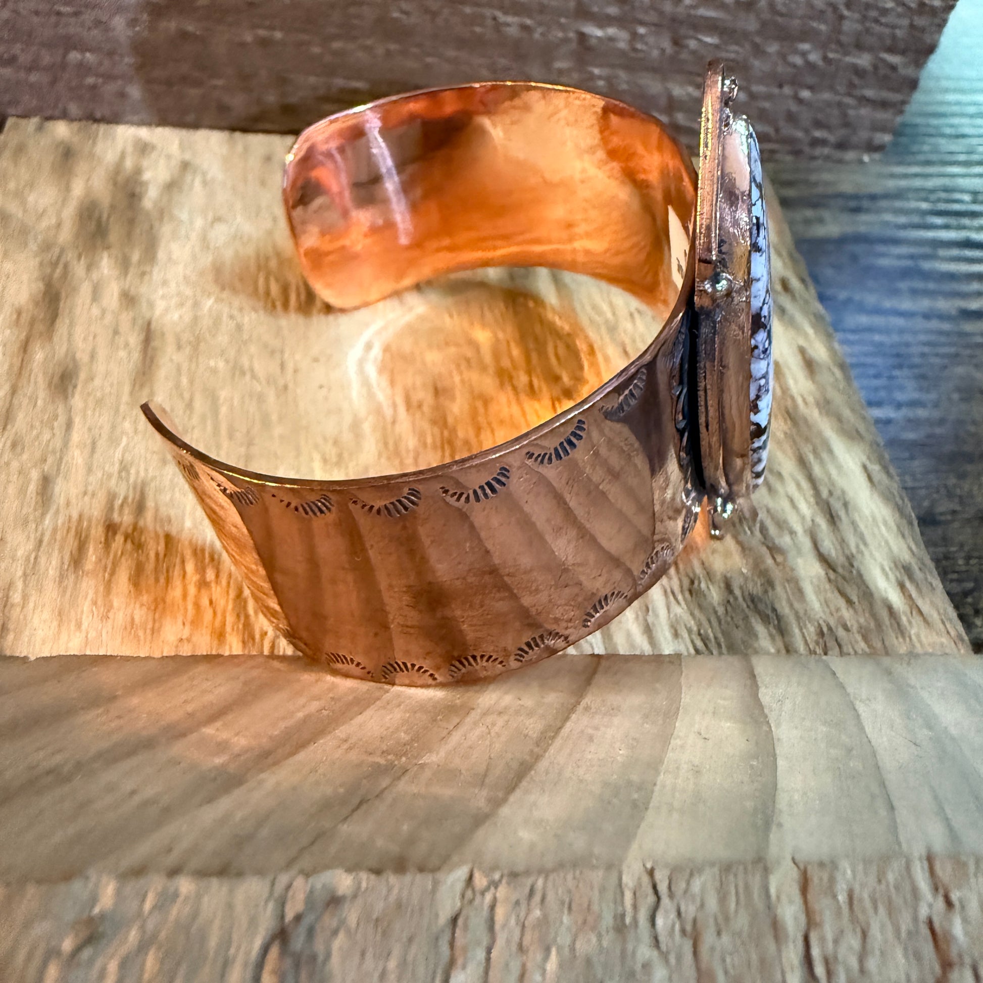 Genuine Copper Flex Cuff Bracelet With Wild Horse Gemstone One Inch Band Wild West Boho
