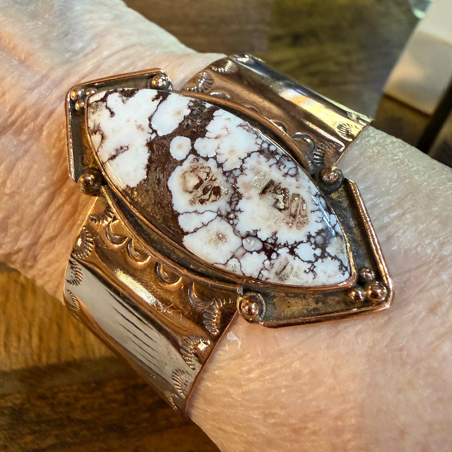 Genuine Copper Flex Cuff Bracelet With Wild Horse Gemstone One Inch Band Wild West Boho