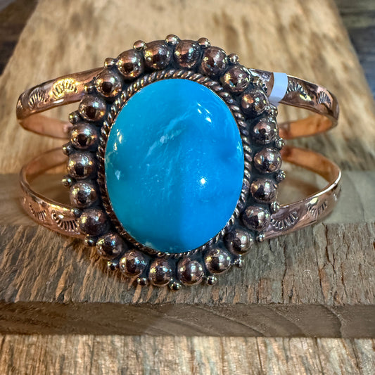 Kingman Turquoise Genuine Copper Cuff Flex Bracelet One Inch Stone Adjustable Wild West Boho