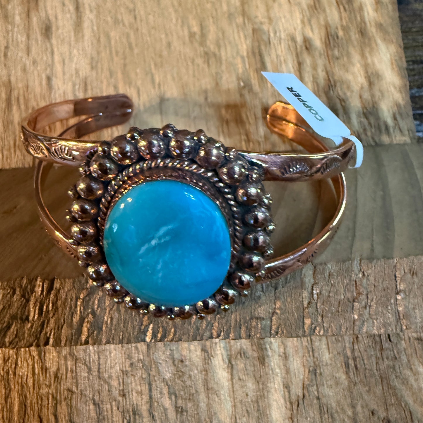 Kingman Turquoise Genuine Copper Cuff Flex Bracelet One Inch Stone Adjustable Wild West Boho